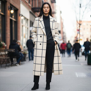 Size 15/16 Wool International Scene Cream & Black Plaid Maxi Coat 25585